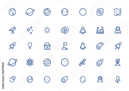 Minimal thin line astronomy icons, editable vector illustration of planets, space, cosmos, asteroid, universe linear signs, celestial bodies, star, galaxy, orbit, telescope, solar system,