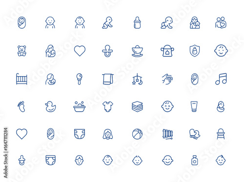 Minimal baby care icon pack: newborn, kid, child, modern vector icons for babies, infant care, toddler essentials, child safety, parenting symbols, health, family, baby products and more.