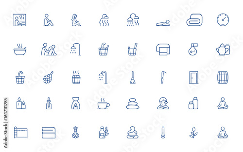 Minimal linear sauna icons featuring editable vector symbols for steam room, relaxation, therapy, bath, massage, and spa essentials. Pixel perfect wellness and health icons, calm and more.