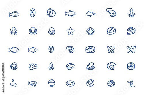 Minimalist fish and seafood vector icons, thin line animal symbols for restaurant, fishing, and marine life. Modern line style illustration, seafood dining, fresh catch, ocean cuisine and more.