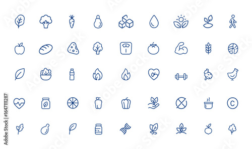 Nutrition and Food icons featuring vegetables, carbohydrate, fat, sugar, meal, nature, lifestyle symbols with trendy minimal editable stroke line art, healthy diet, organic, wellness and more.