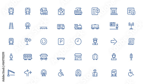 Minimalist Train and Railway Line Icon Pack – Editable Vector Transport Symbols for Subway, Railroad, Travel, Vehicle, Modern Pixel-Perfect Design, Transit, Locomotive, Metro and more.