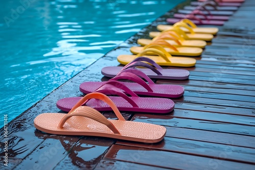 Rainbow flip flops lined along poolside high resolution picture