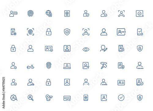 Linear biometric and identity icons with minimal editable stroke: authentication, fingerprint, passport, ID card, identification, security, verification, access control, user verification and more.