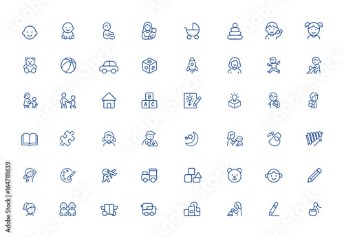 Minimal linear icon set of children and childhood. Vector pictograms of kid, care, toy, play, kindergarten, child development, early education, parenting, childhood activities, illustration and more.