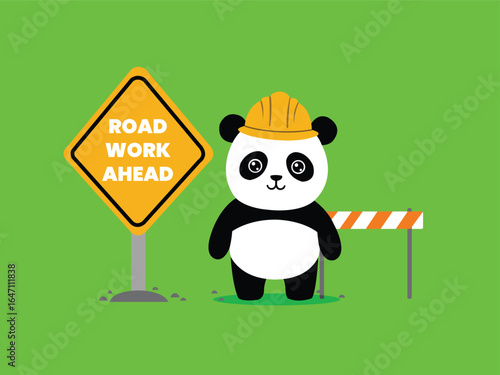 A cute cartoon panda wearing a construction hat next to a Road Work Ahead sign. Great for child friendly safety and construction themed designs.