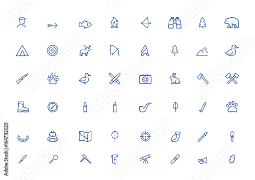 Minimal thin line hunting icon pack with editable stroke, including man, arrow, fish, fire, and more. Simple vector illustration, outdoor, wildlife, archery, nature, hunting tools, game and more.