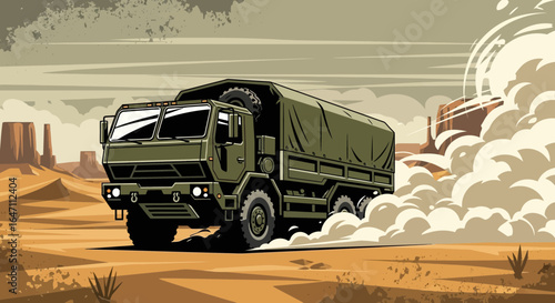 Vector style illustration of military truck driving in arid landscape
