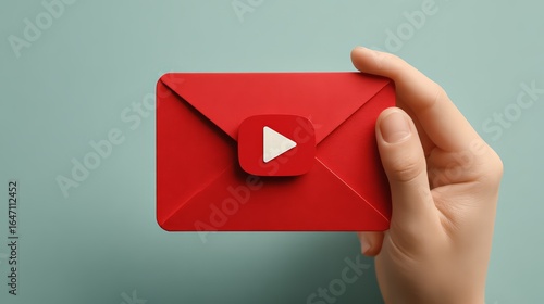 A person holding a red envelope featuring the YouTube logo against a pastel background.