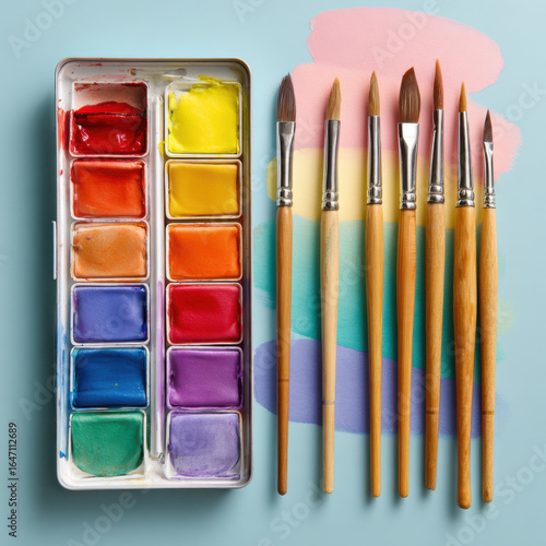 Watercolor paints and brushes on pastel background