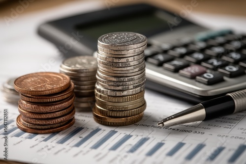 Detailed View of Stacked Coins on Financial Report with Calculator and Pen in Background