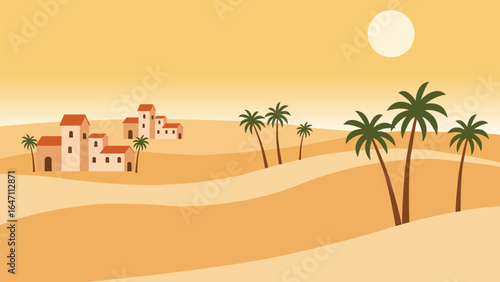 Vector illustration of a desert village with traditional houses, palm trees, and bright sunlight. Depicts serene life in an oasis within arid surroundings.