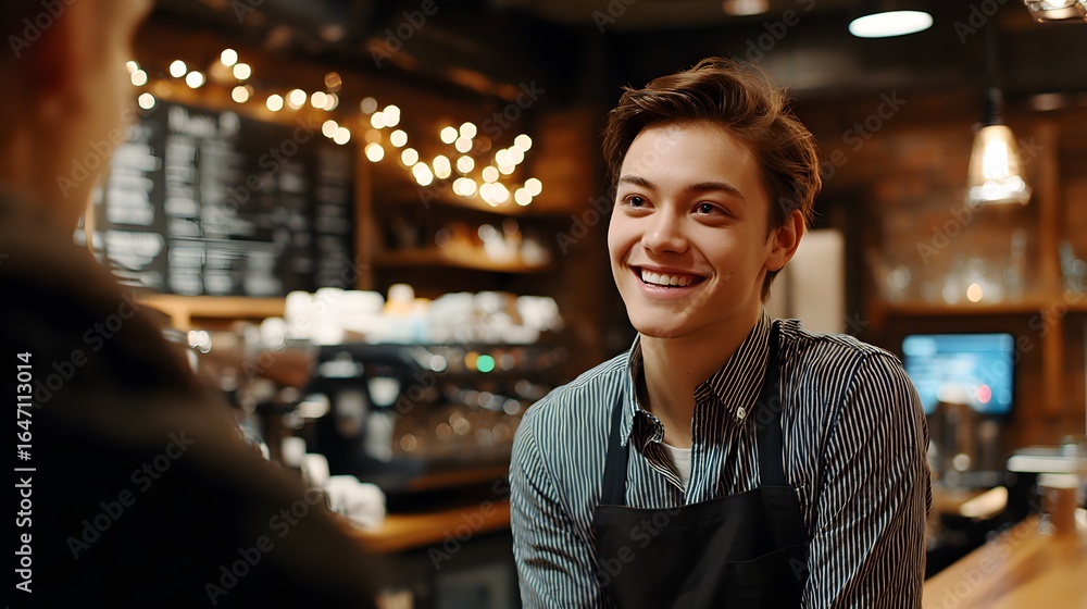 Friendly Young Barista Smiling While Engaging in Conversation at a Cozy Cafe Friendly Young Barista Smiling While Engaging in Conversation at a Cozy Cafe