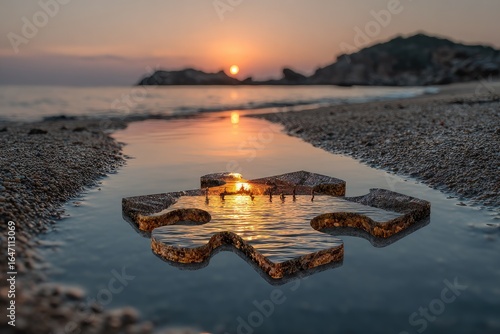 Sunrise puzzle piece on a beach