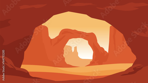 Abstract flat illustration of a desert canyon with cave openings, glowing with warm sunset tones. A dramatic natural scene ideal for adventure, travel, or exploration themes.