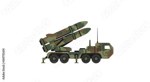 Camouflaged mobile missile launcher with twin rockets on white background