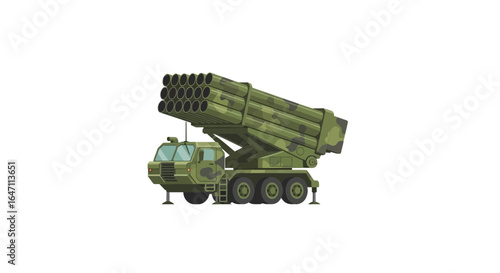 Camouflaged multiple launch rocket system isolated on transparent background