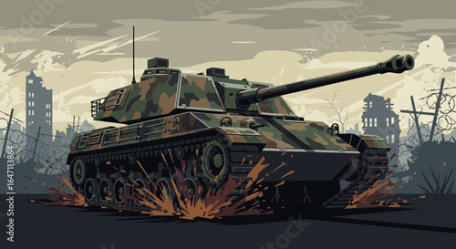 Camouflaged tank dominates war-torn landscape, highlighting destruction