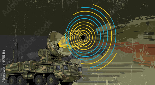 Camouflaged radar truck with radio waves emitting from satellite dish