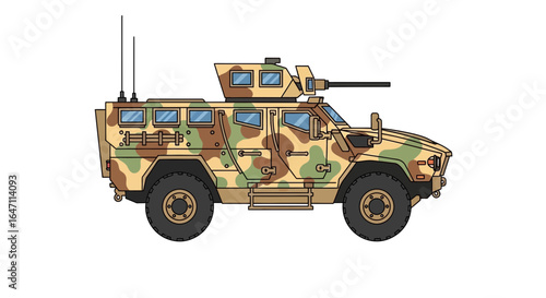Cartoon illustration of a modern military armored vehicle with camouflage design