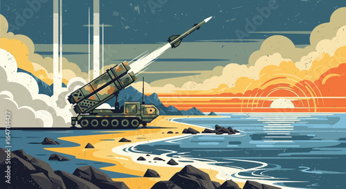 Coastal missile launch illustration against a stylized sunset backdrop