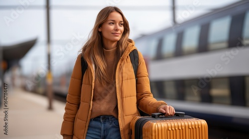 Young caucasian female traveler with suitcase waiting at train station.