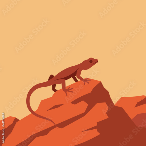 illustration of a desert lizard perched on a red rocky cliff under a warm sky. A natural and dramatic desert wildlife scene, ideal for nature or wilderness themes.
