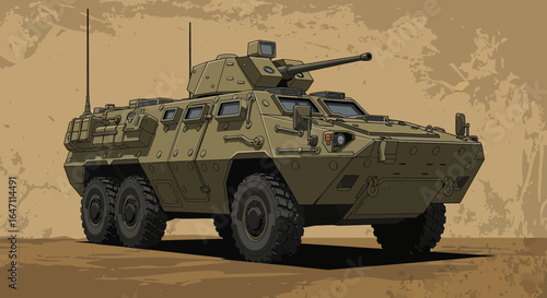 Detailed Armored Vehicle Illustration with Desert Camouflage Aesthetic