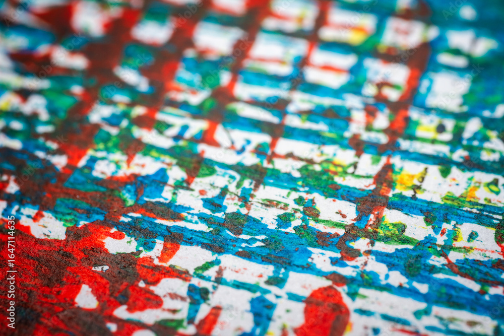 Naklejka premium Extreme close up of colorful acrylic paint texture showing brush strokes. Selective focus.