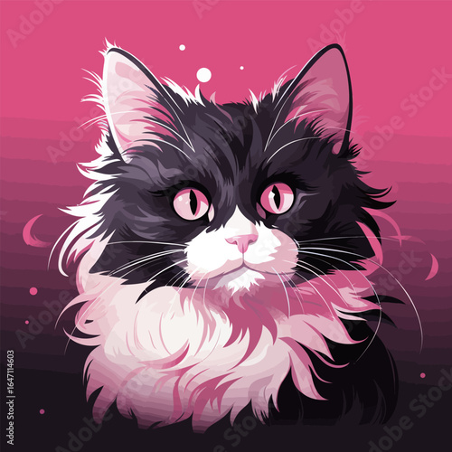 A black and white cat with striking pink eyes stares directly at the camera, its fur gleaming in the light. The cats ears are perked up, indicating alertness and curiosity.
