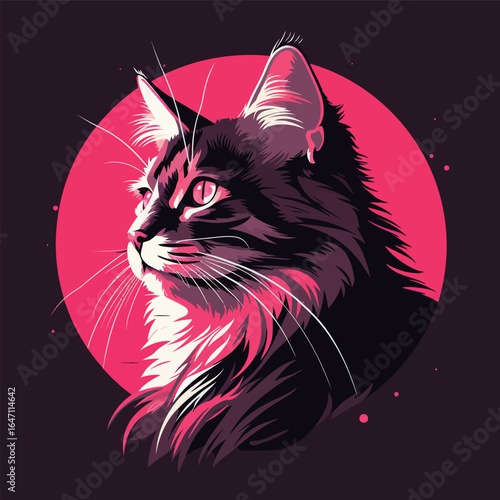 A black and white cat stands in front of a pink circle in the background. The cat is looking straight ahead with alert eyes. The contrast between the cats fur and the vibrant pink circle creates a vis