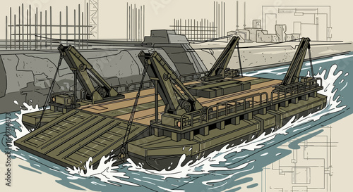 Floating causeway engineering bridge system illustration across water body