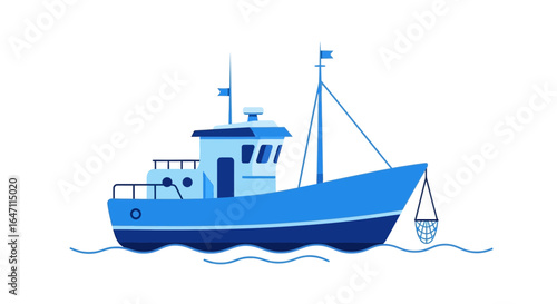 Illustrated fishing vessel sailing on the water, vector design, blue color palette