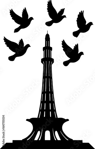 Minar-e-Pakistan with Flying Doves – Unity Silhouette Design in black and white silhouette vector with white background 