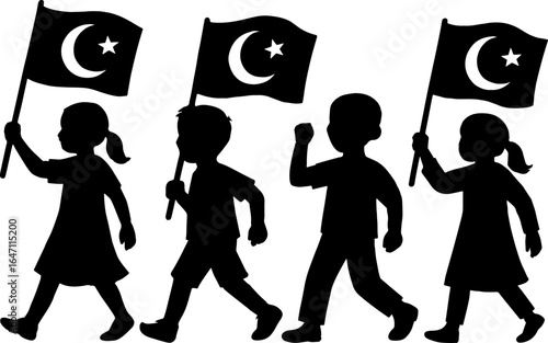  Parade of Kids Marching with Flags – Patriotic Silhouette Illustration in black and white silhouette vector with white background 