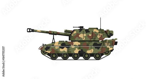 Illustration of a Camouflaged Self-Propelled Artillery Tank on White