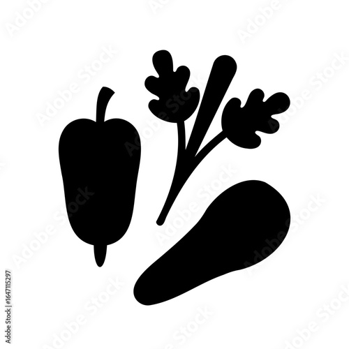 Stylized black silhouette depiction of pepper, celery, and zucchini vegetables
