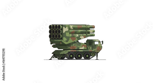 Illustration of a camouflage-patterned multiple rocket launcher vehicle