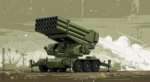 Illustration of a multiple rocket launcher system, evoking a scene of impact