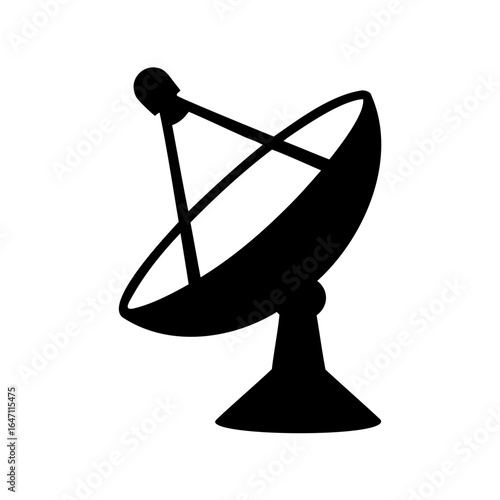 Black and white icon depiction of a satellite dish used for communication