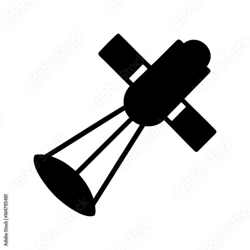 Stylized image of a black satellite with a parabolic reflector antenna design