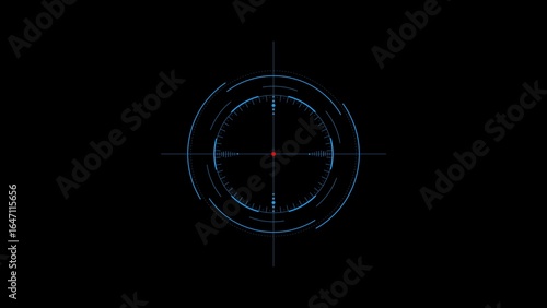 Blue digital targeting reticle with red center dot and crosshairs on black background scope aiming