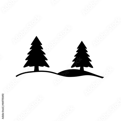 Minimalist silhouette illustration featuring two coniferous trees on a hill landscape