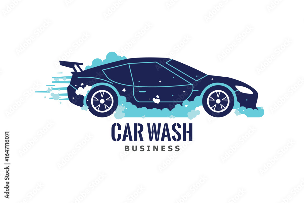 Fototapeta premium Car wash business logo with sporty car and bubbles, auto detailing vector