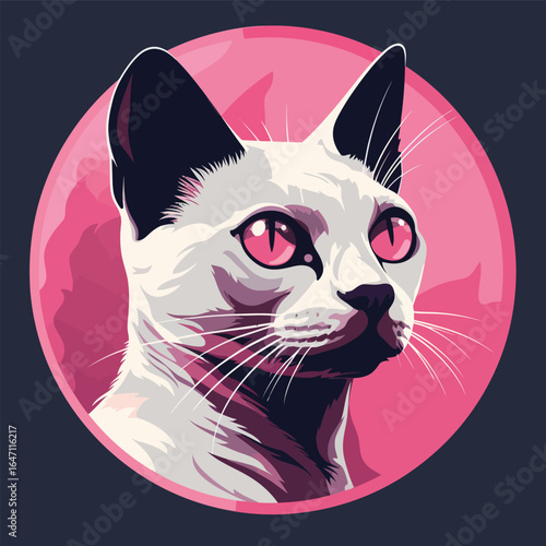 A black and white cat with striking pink eyes is sitting alertly, its ears perked up. The cats fur is a stark contrast to its vibrant eyes, creating a captivating visual.