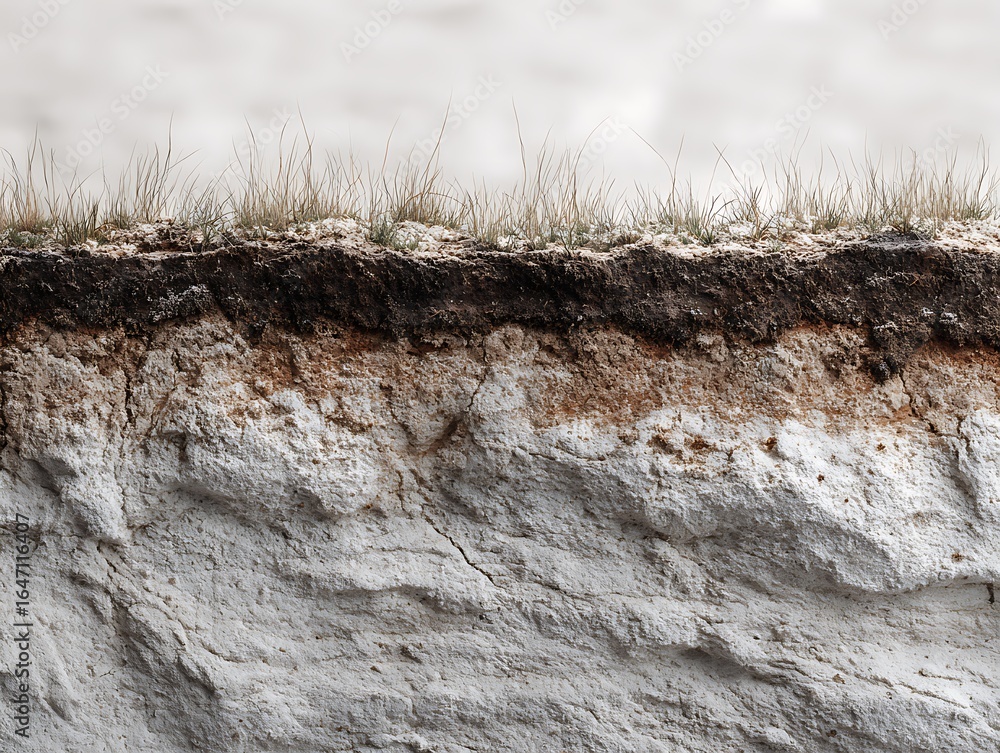 Fototapeta premium Cross-section of saline soil with visible surface salt crust, light grey and white compact layers beneath sparse halophyte roots