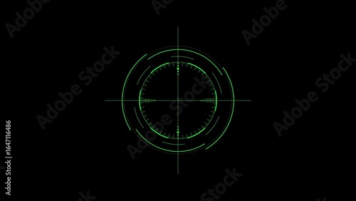 Green crosshair targeting reticle with circular scale markings on black background aiming scope crosshairs
