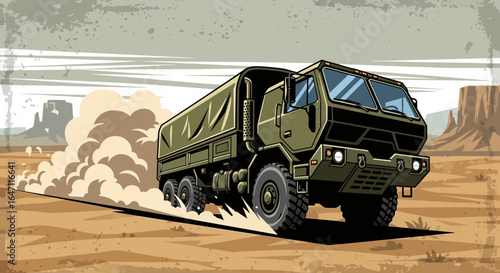 Military Truck Speeding Through the Desert Graphic Illustration Style