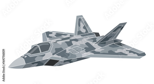 Modern stealth fighter in stylized vector graphic, military air superiority