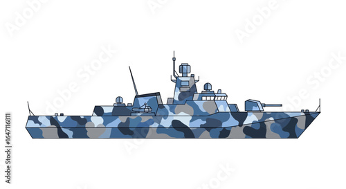 Modern warship in blue camouflage, designed for naval combat operations